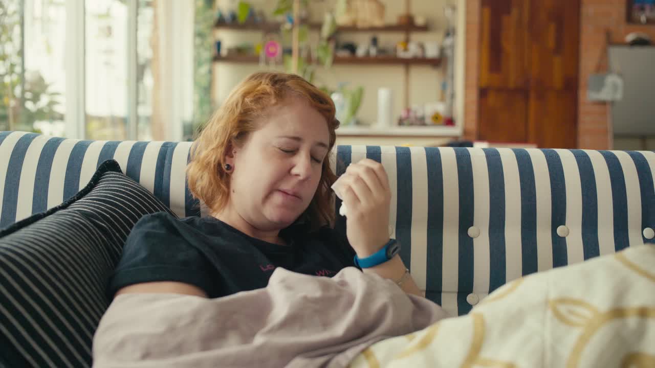 mujer caucásica enferma estornudando con síntomas de gripe en el sofá debajo de la manta