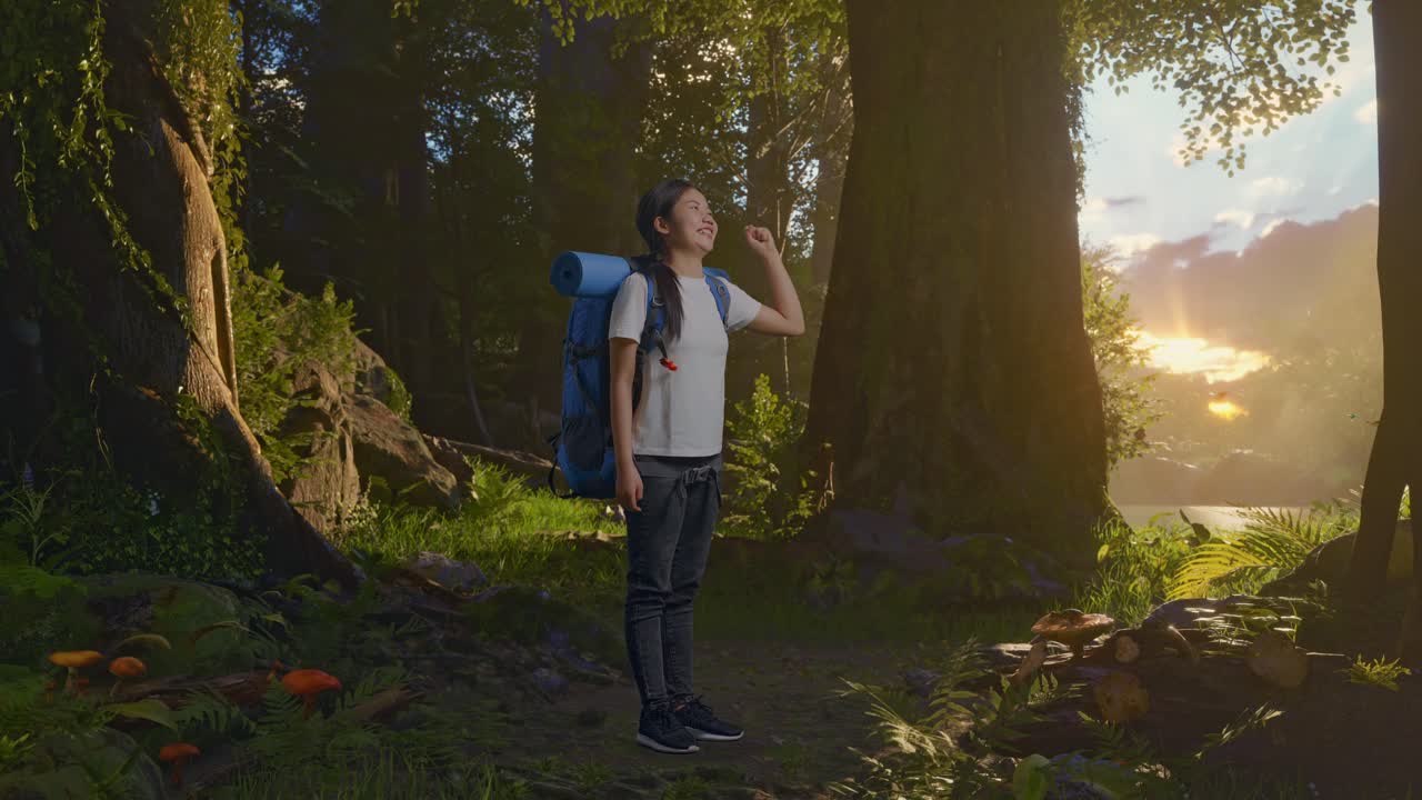 해가 뜨면 숲에서 산책하는 여자