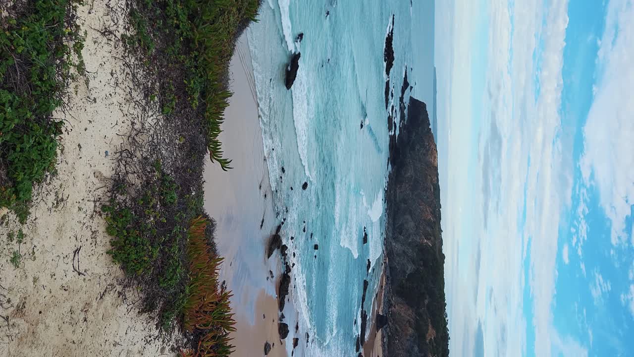 zambujeira do mar sobre la orilla del mar con olas del océano, acantilados y dunas de arena cubiertas de vegetación verde hojas rojas de higo agrio, día soleado, cielo azul claro