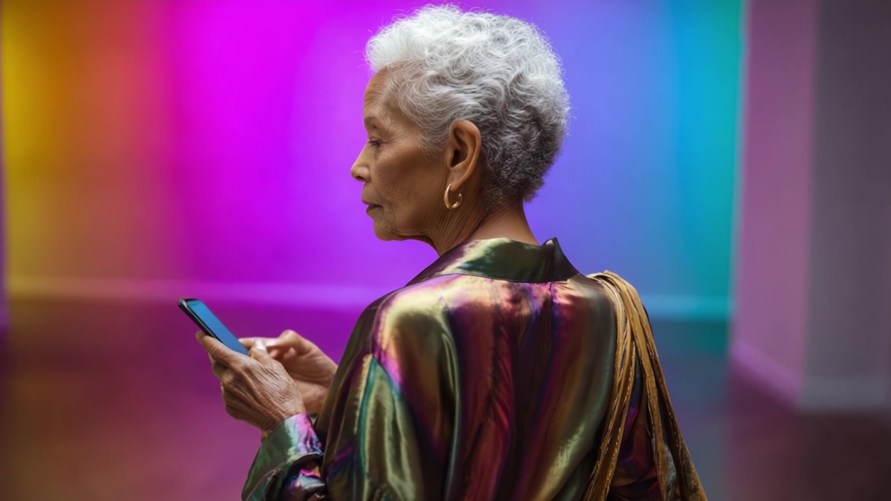 Un individuo con un outfit metallico colorato guarda pensieroso un telefono, su uno sfondo di illuminazione vibrante e astratta in uno spazio moderno.