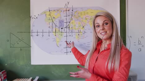 animación de ecuaciones matemáticas sobre una maestra caucásica que enseña geografía en la escuela.
