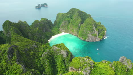 Iconic-Maya-bay-of-Phi-Phi-islands,-aerial-drone-view