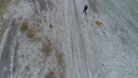 hombre jugando con su perro en pista de tierra 4k