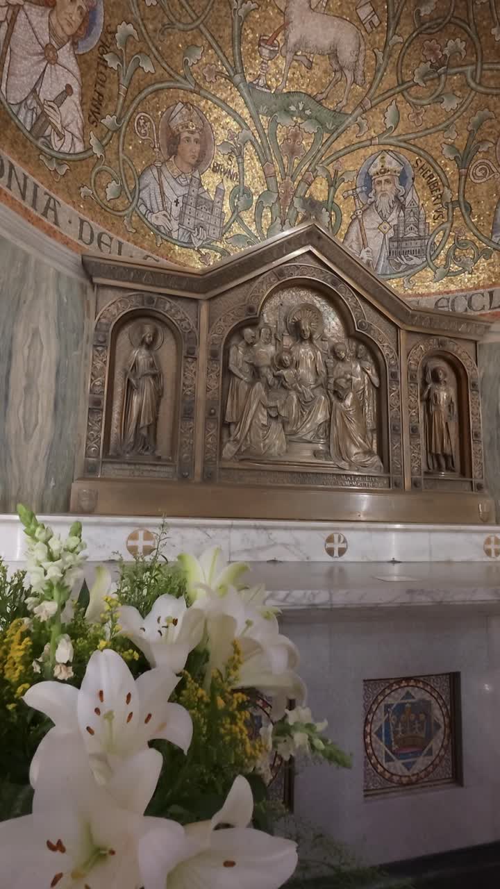 White lilies adorning Dormition Abbey in Jerusalem. Slow motion.