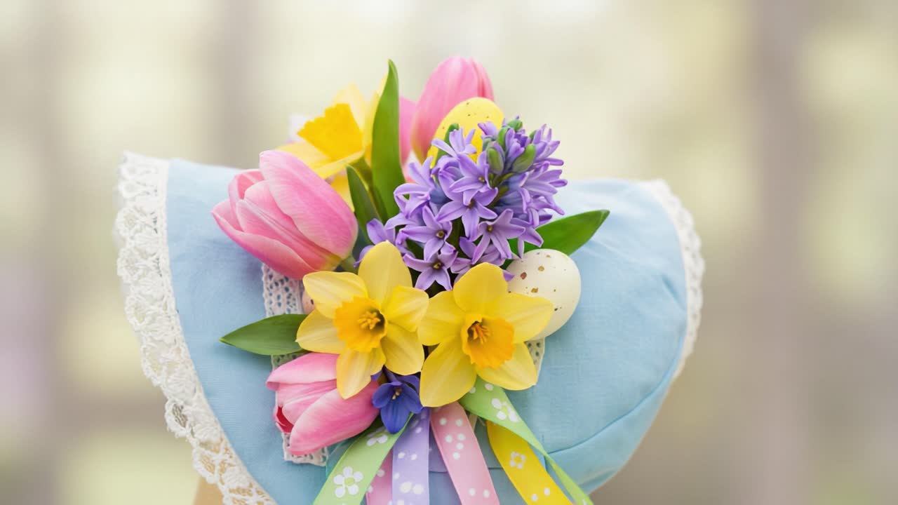 Una splendida composizione primaverile di fiori colorati e decorazioni pasquali che mette in mostra la vibrante bellezza della natura e le gioiose celebrazioni.