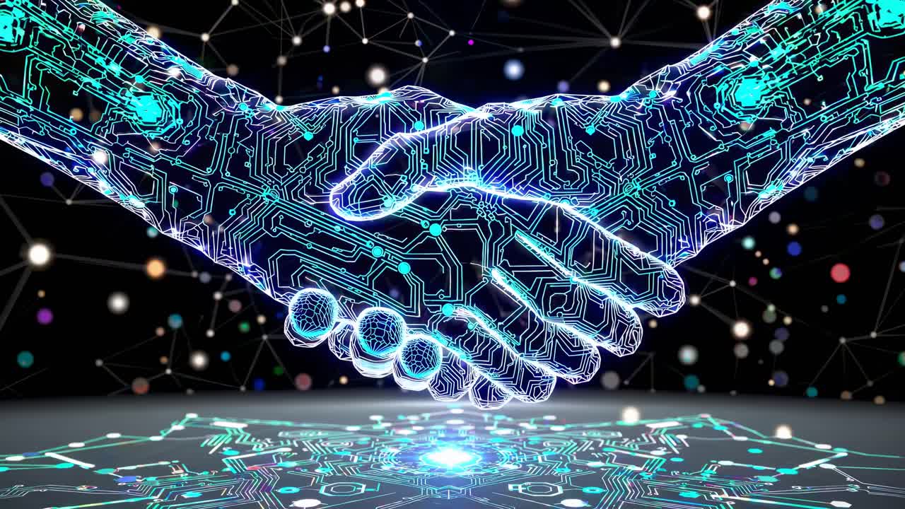Stretta di mano digitale futuristica con motivi di circuiti, vista da una bassa angolazione