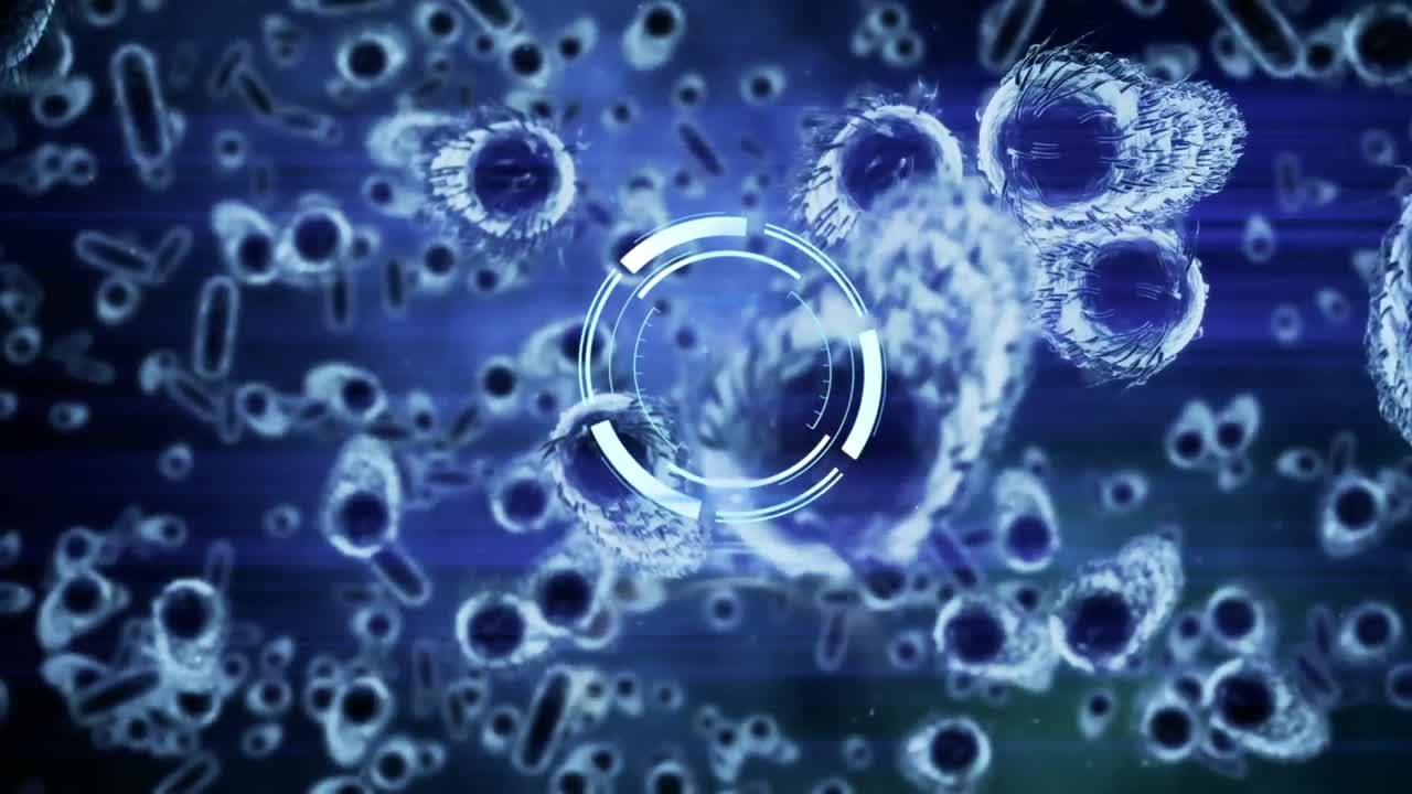 animación de un escáner circular que gira sobre las células de covid 19, en azul