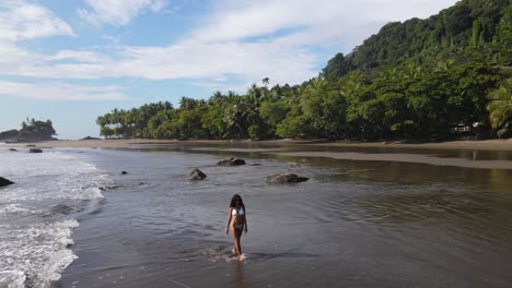 athletic lady in a bikini walks in the sea on a tropical sand beach