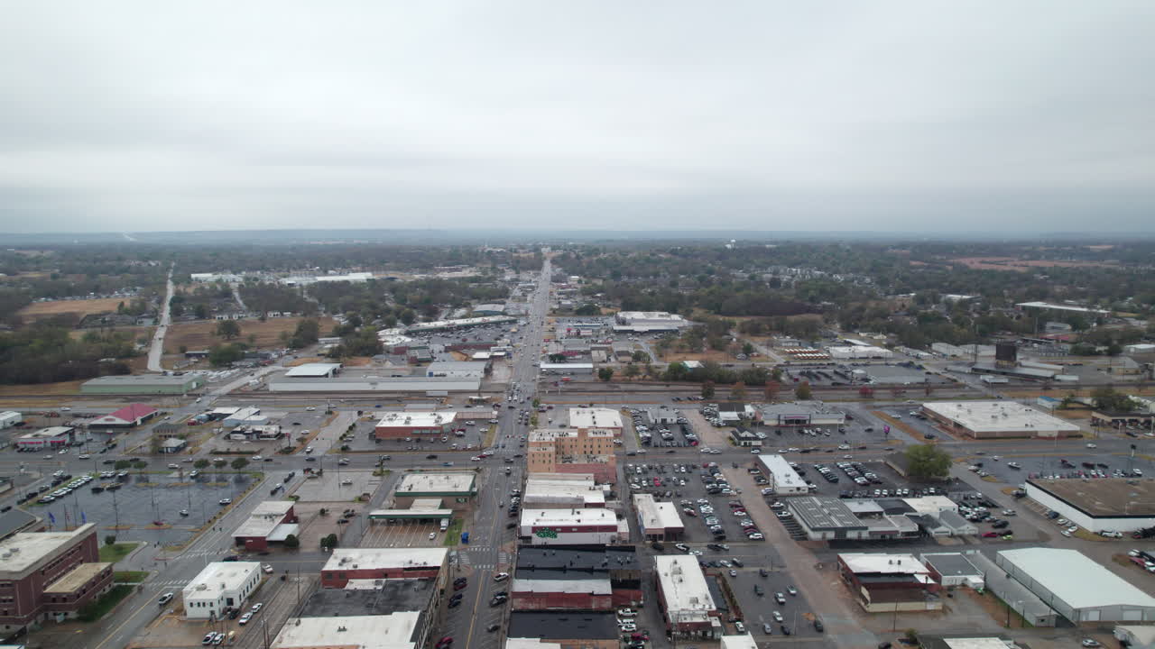 Wide angle view of Claremore, Oklahoma. Small town, USA along Route 66, drone shot