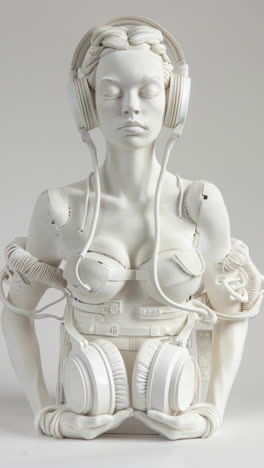 muñecas estatuas femeninas de porcelana con altavoces de audio y auriculares hechos con ai