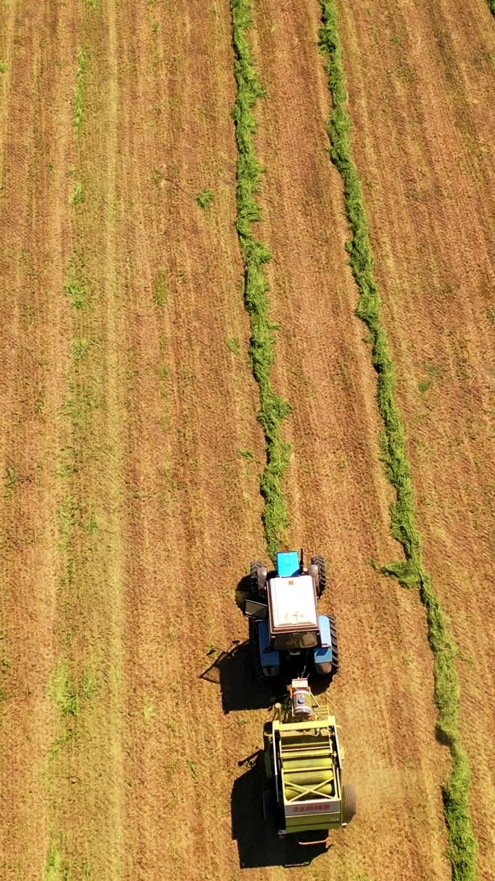 Drone view of agricultural machine working on the field. Tractor collects dried grass for feeding livestock. Motion camera bottom up. Vertical video