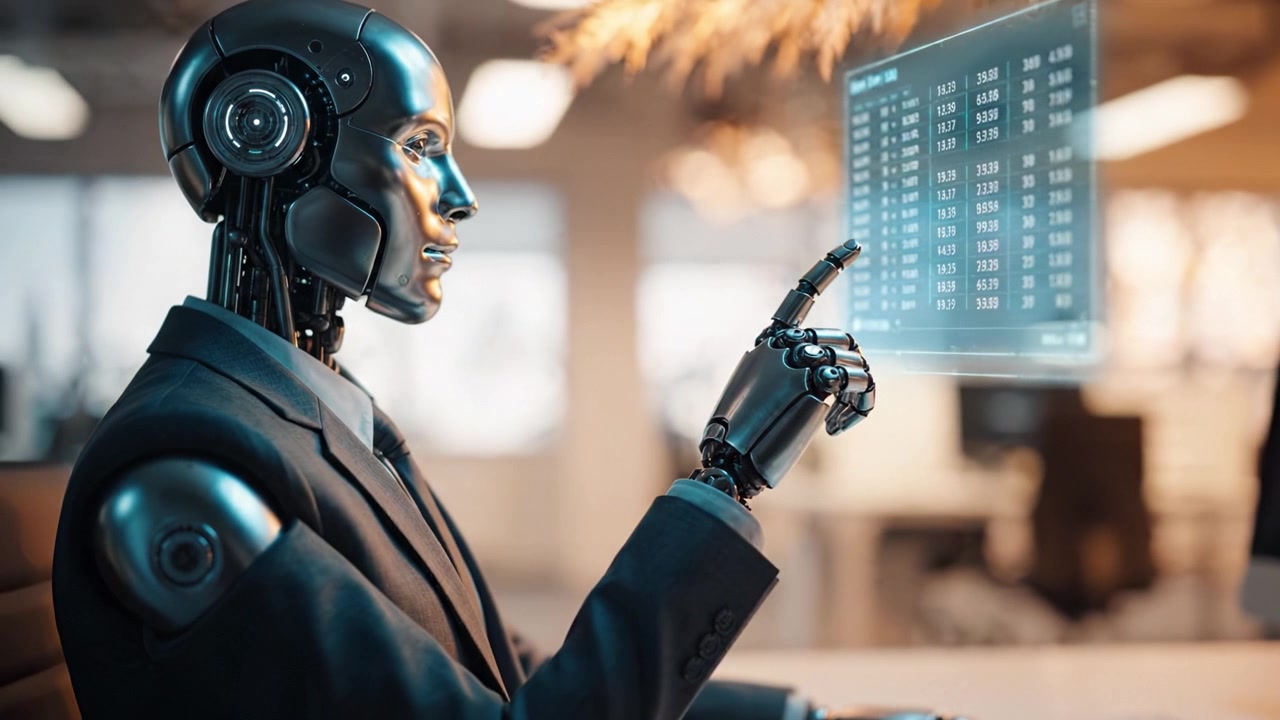 A futuristic robotic figure in a business suit interacts with holographic data displays, analyzing financial information in a modern workplace environment.