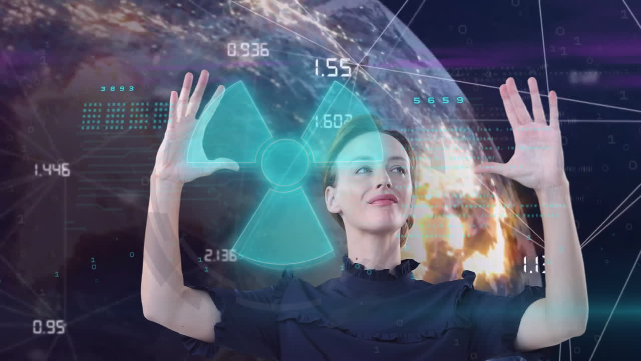 Interacting with digital nuclear symbol, woman using animation over earth background
