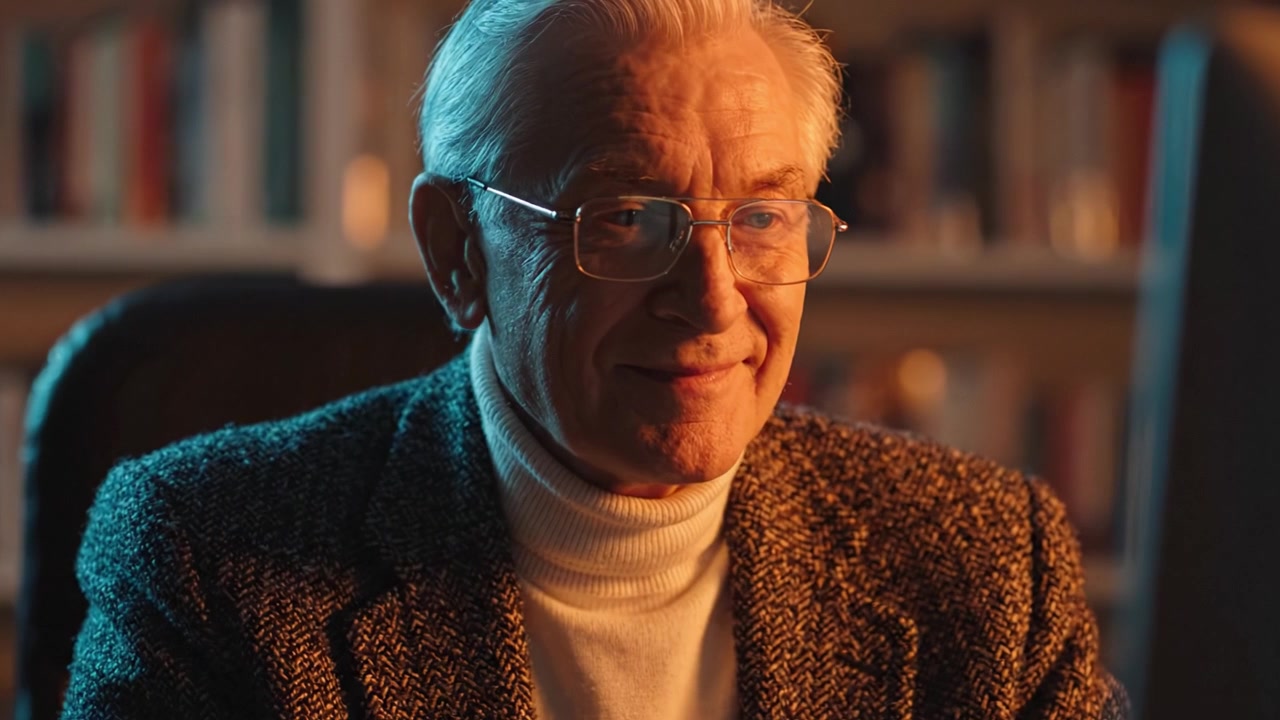 Reflective Moods: An Elderly Gentleman Engaged in Thoughtful Contemplation While Using a Computer in a Cozy Library Setting Bathed in Warm Light
