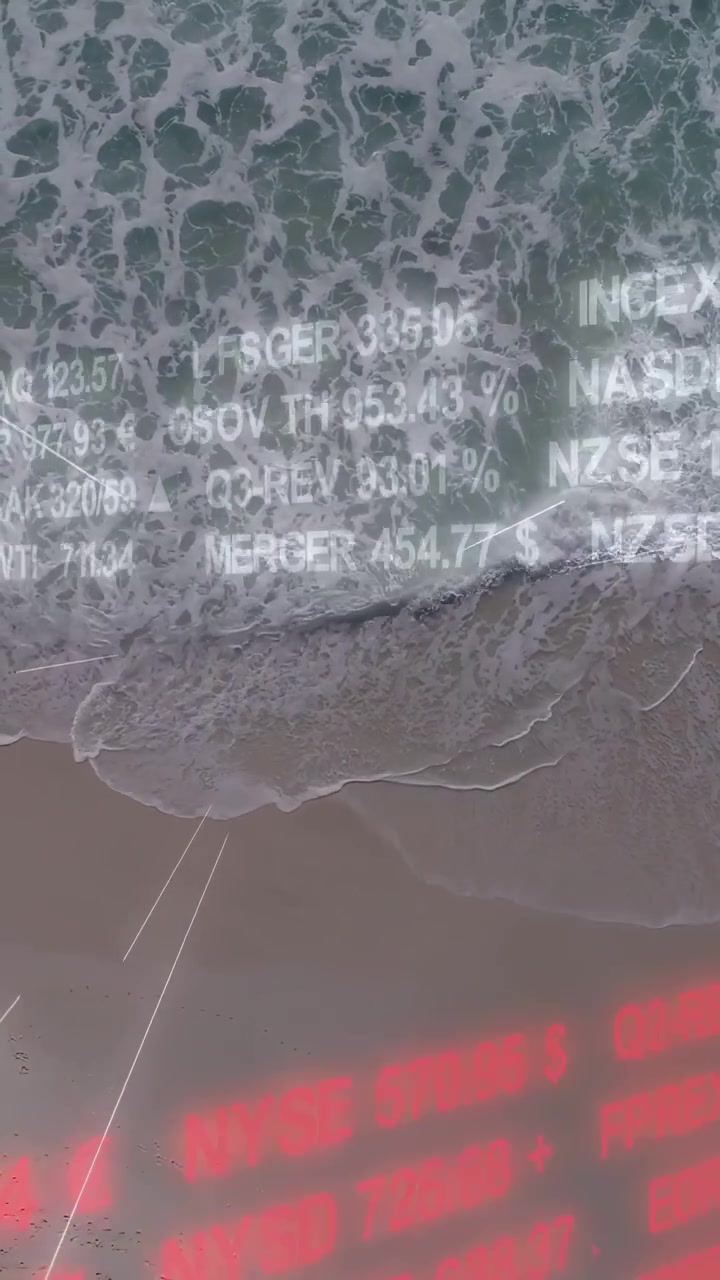 Vertical video: Breaker starting, surf rolling, red ticker and white overlay scrolling for stocks