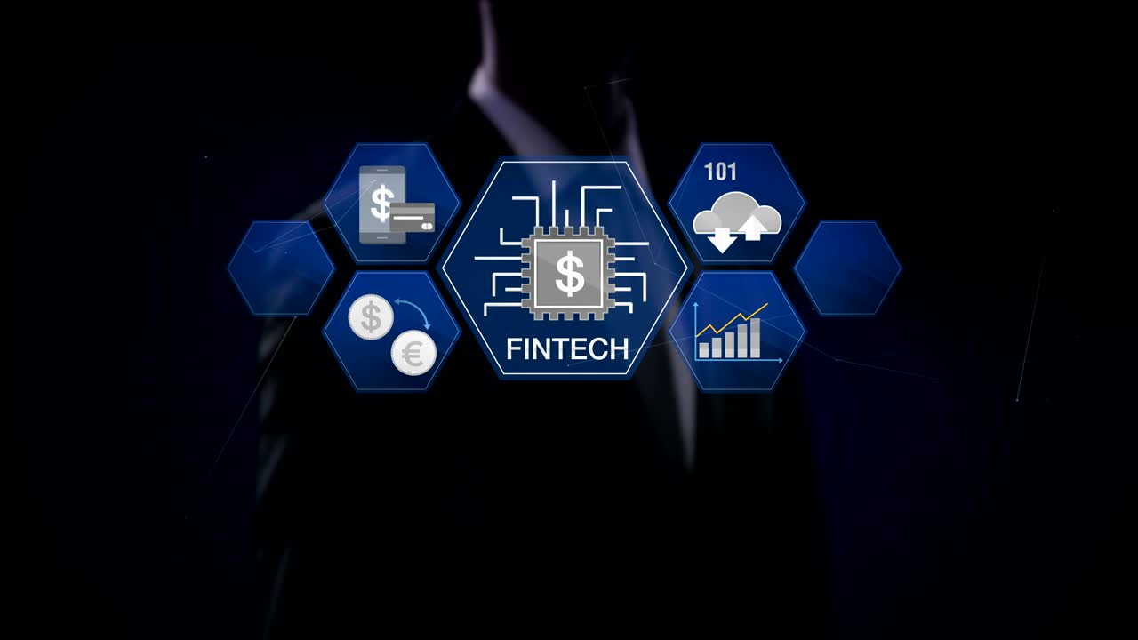 Businessman touching Fin-tech icon and various graph. Futuristic financial technology. 4k movie. version 3.