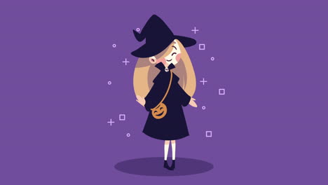 happy halloween animation with witch and pumpkin