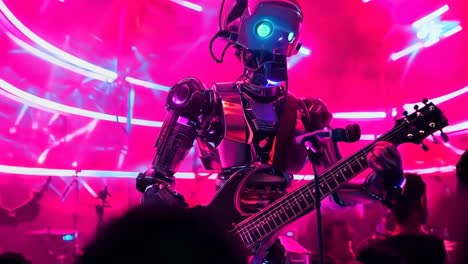 a robot playing a bass guitar in front of a crowd