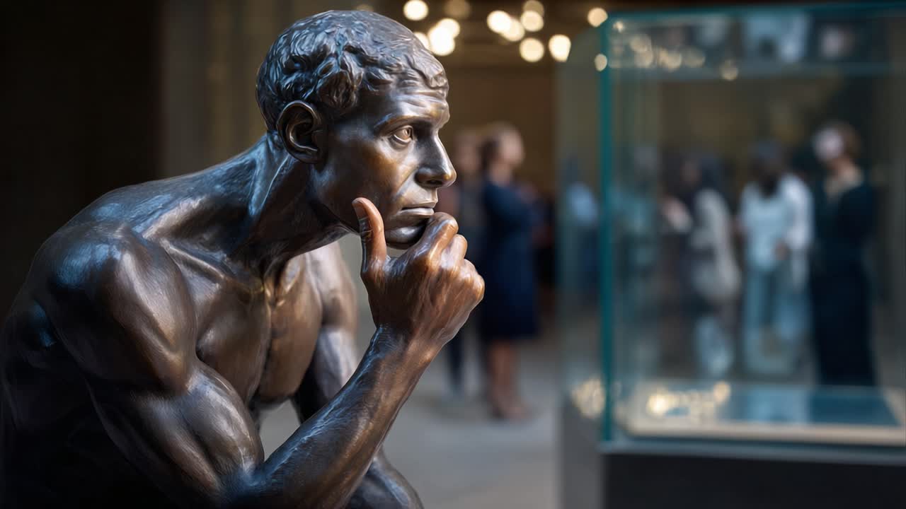 A Thoughtful Bronze Sculpture Engaged in Contemplation Amidst an Artistic Gallery Setting with Patrons Observing Nearby