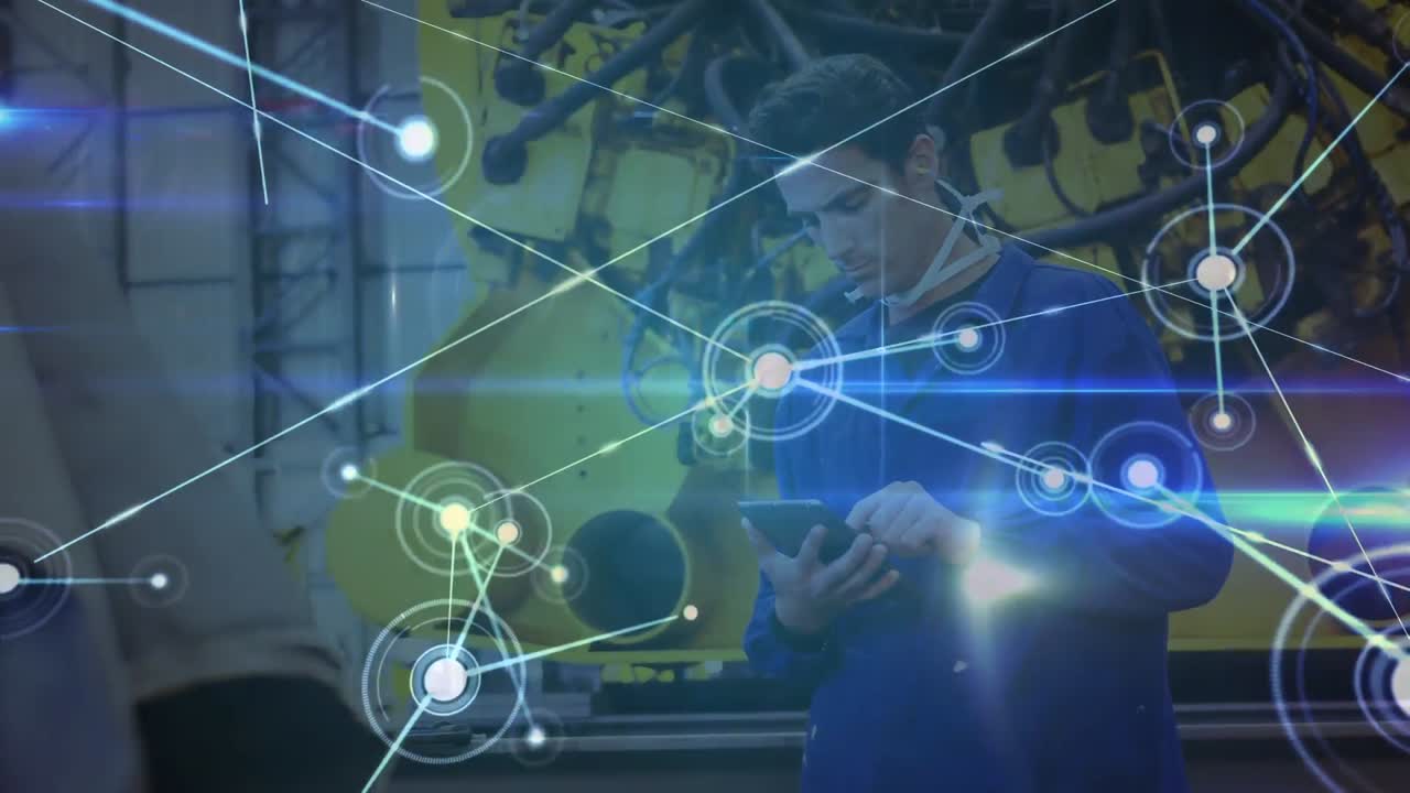 태블릿을 사용하는 백인 남성 노동자에 대한 연결 네트워크의 애니메이션