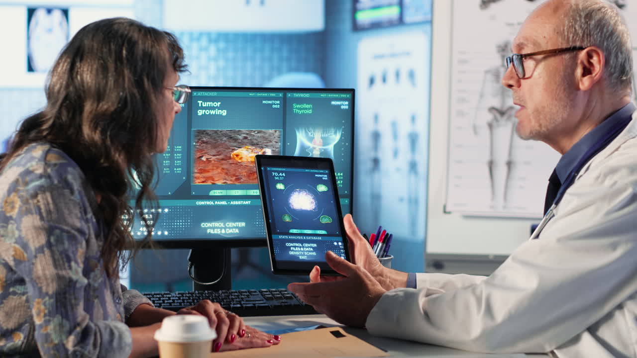Vertical Video Meeting between doctor and patient to examine MRI scan showing a tumor