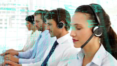 Animation-of-financial-data-processing-over-people-wearing-phone-headsets