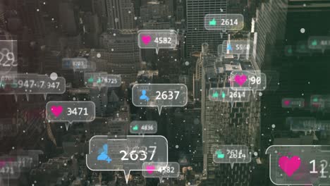 Multiple-speech-bubbles-with-social-media-icons-and-increasing-numbers-against-cityscape