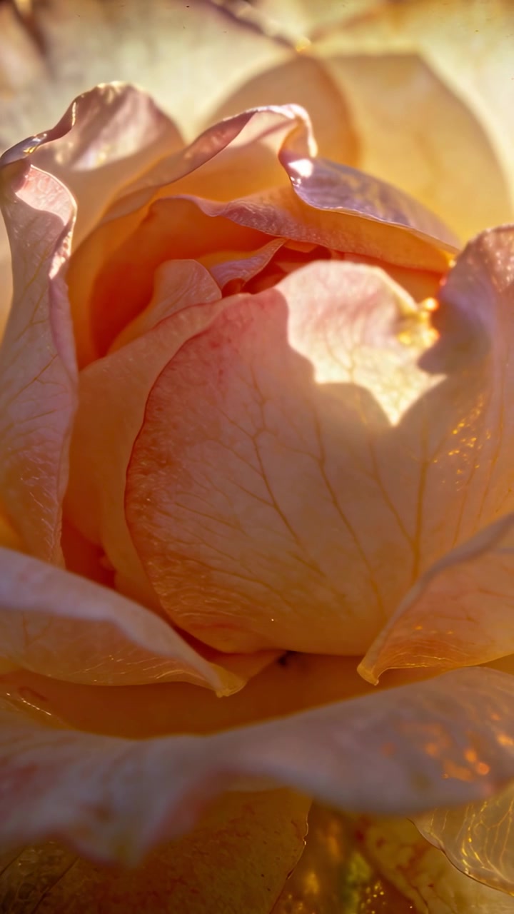 Video verticale: Telecamera in movimento e luce solare calda che rivelano un bocciolo di rosa color pesca in giardino, esponendone il centro