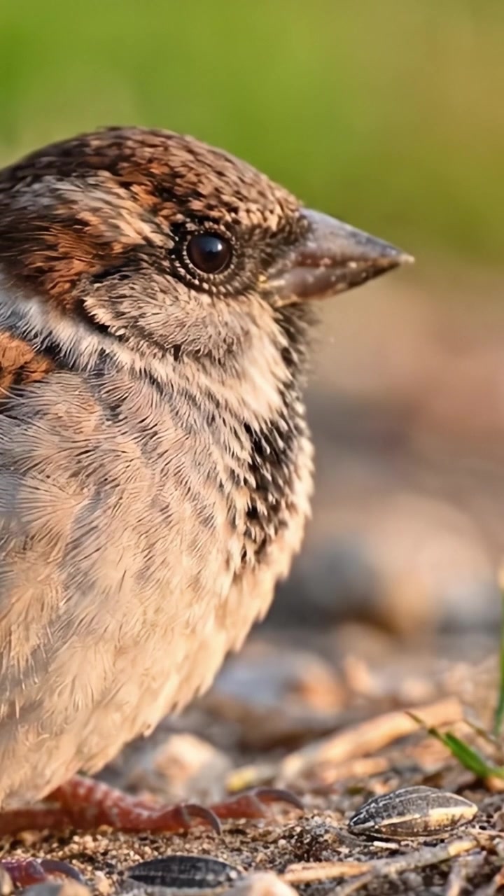 Un Primo Piano di un Passero, Che Mostra le Sue Piume Intricate e gli Occhi Vivaci, Mentre Si Trova a Terra in un Ambiente Naturale Esterno Durante l'Ora d'Oro