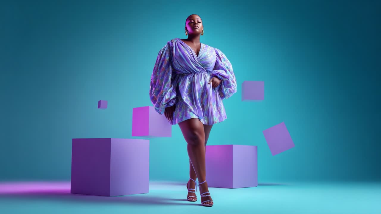 A striking and confident model poses in a vibrant, multi-colored dress against a cool-toned backdrop, surrounded by geometric shapes that enhance the visual aesthetic and fashion appeal