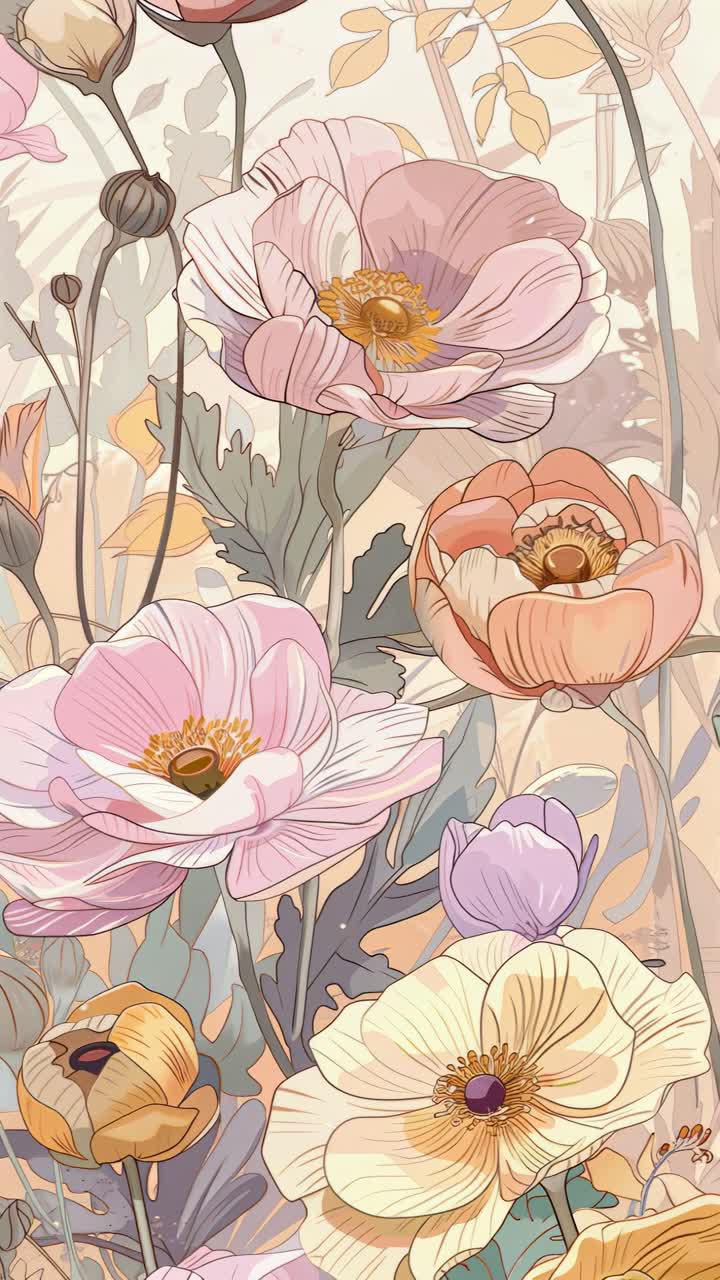 Vista aerea di vivaci fiori disegnati a mano in tonalità pastello, che creano uno stile stravagante e artistico