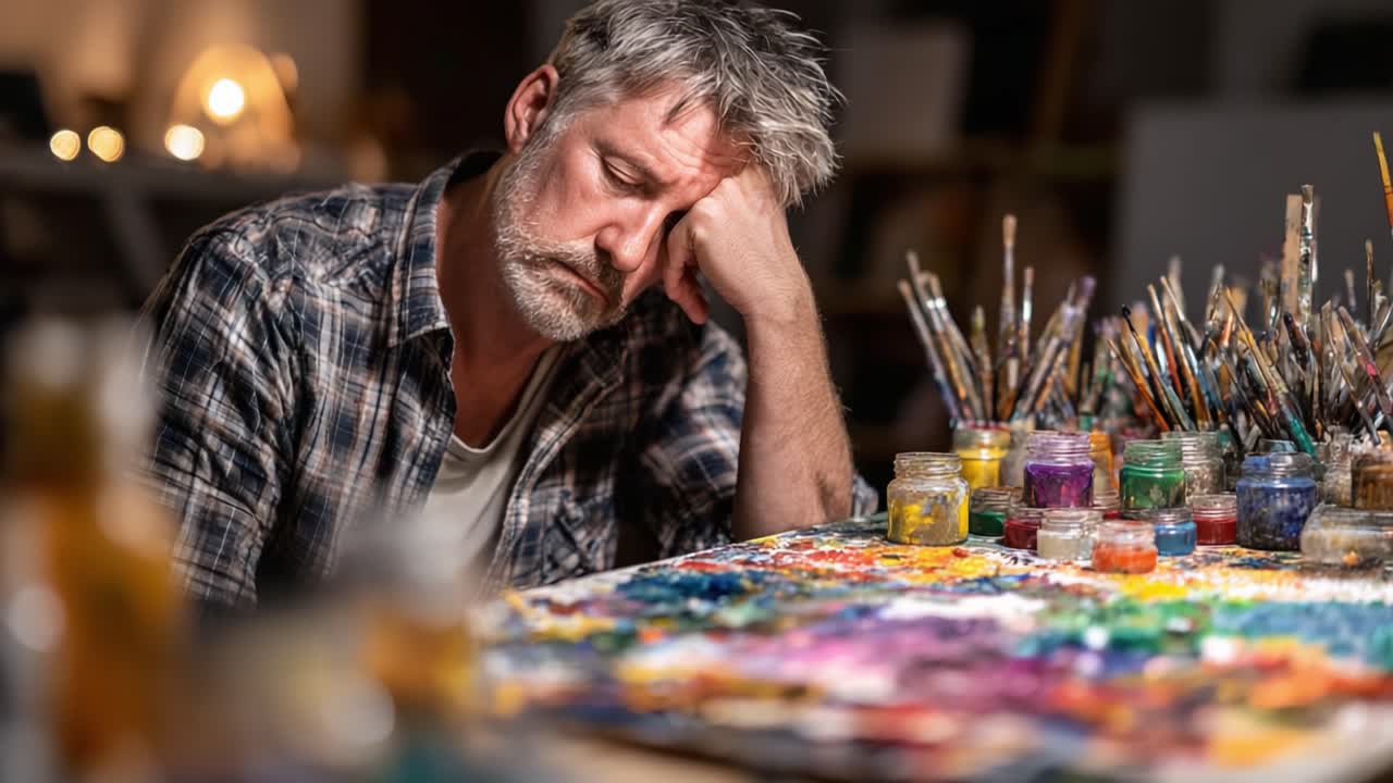 A Contemplative Artist Reflects on His Work Surrounded by a Vibrant Array of Paints and Brushes, Capturing the Essence of Creativity and Artistic Expression