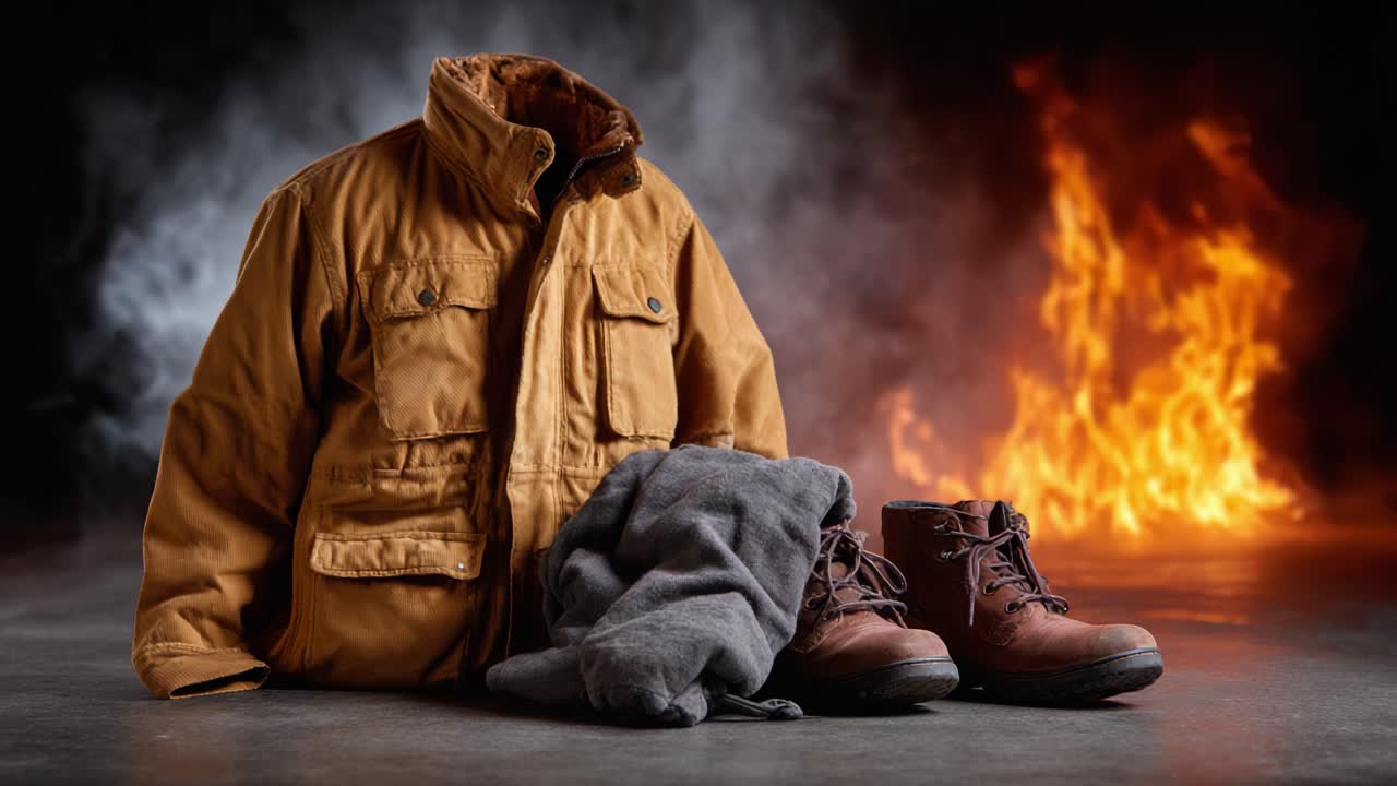 A striking display of protective gear featuring a rugged jacket, sturdy boots, and a cozy blanket, all set against the dramatic backdrop of flames and smoke