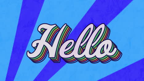 animación de un cartel de texto de saludo contra rayos radiales en un patrón sin costuras sobre un fondo azul