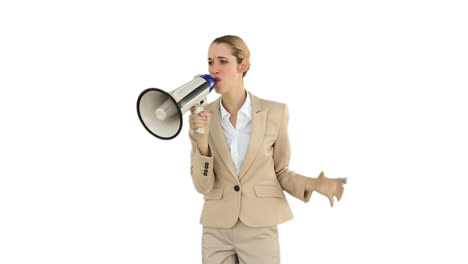 bossy businesswoman shouting through megaphone