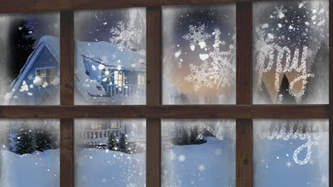 Animation-Von-Fallendem-Schnee-Und-Weihnachtsgrüßen-Und-Haus-In-Winterlandschaft,-Gesehen-Durch-Fenster