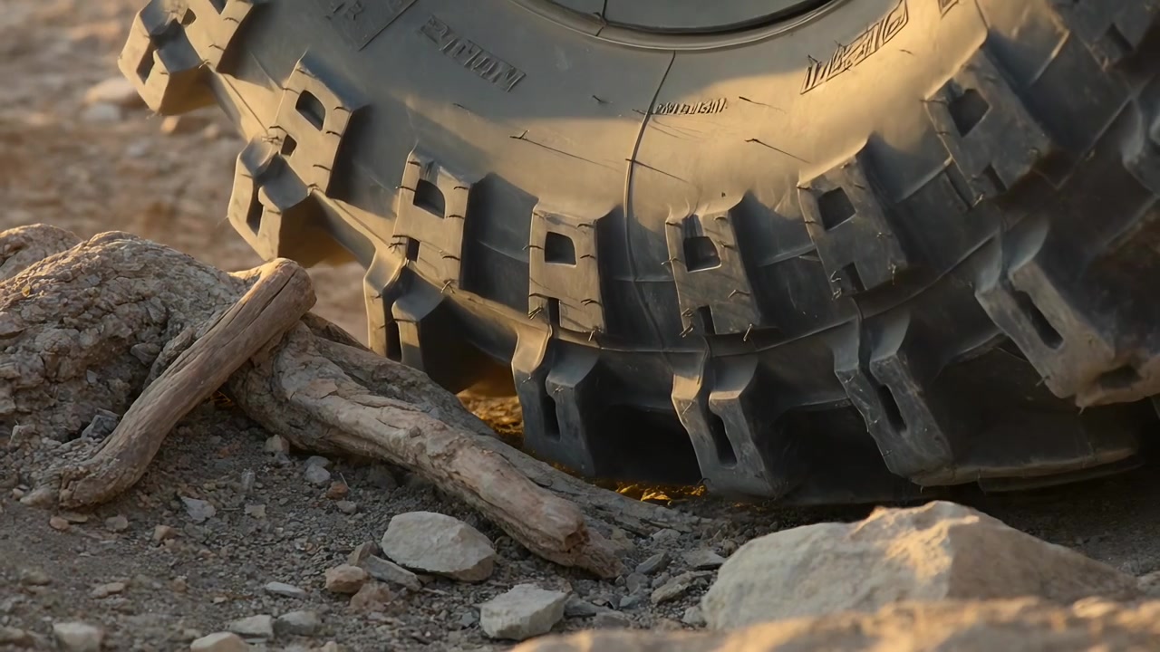 Rolling large offroad tire rotating, compressing sticks and shifting stones for grip on dry trail
