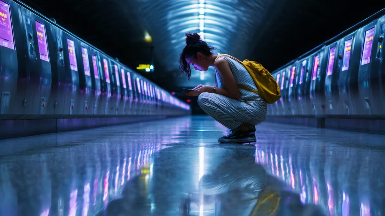 A solitary figure crouches in a dimly lit corridor, illuminated by vibrant screens, absorbed in their device, while reflective surfaces amplify the colorful ambiance of the station