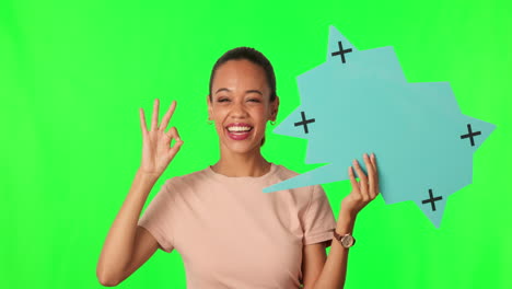 burbuja de habla, bien y la mujer en la pantalla verde