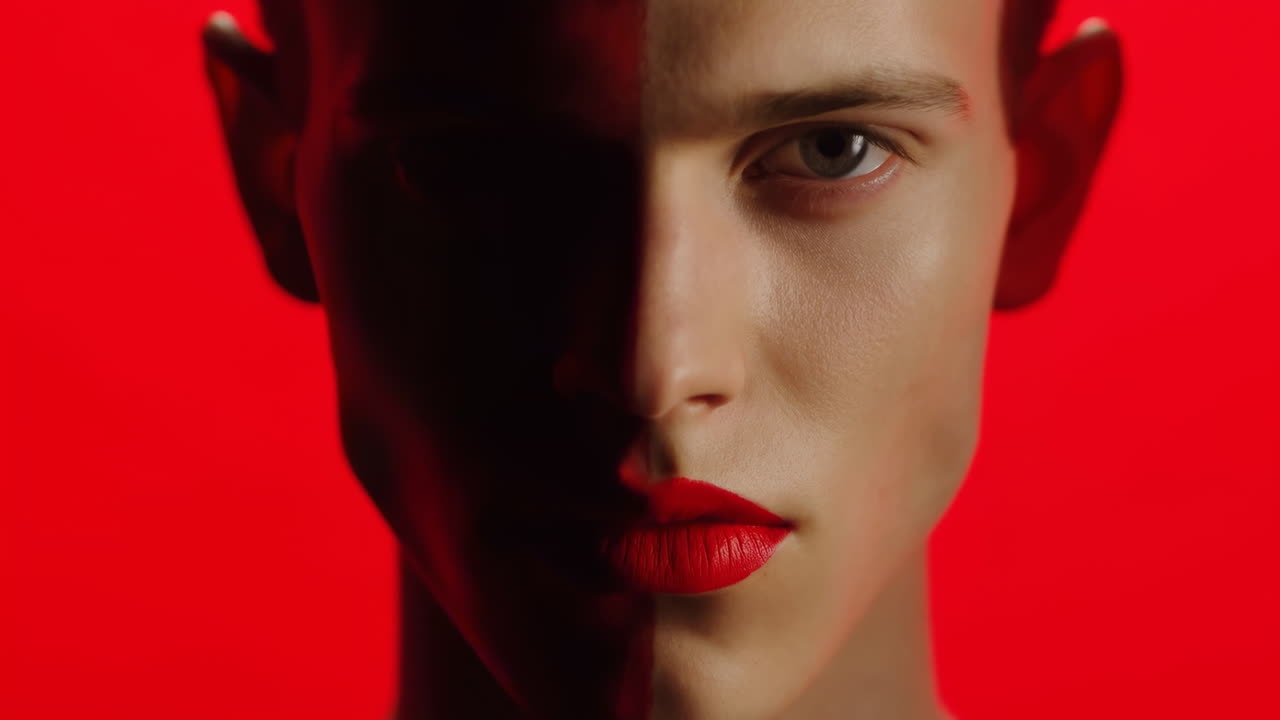 Closeup Portrait Red Background Half Shadowed Face. Androgynous Model Posing Editorial Beauty Shoot Bold Red