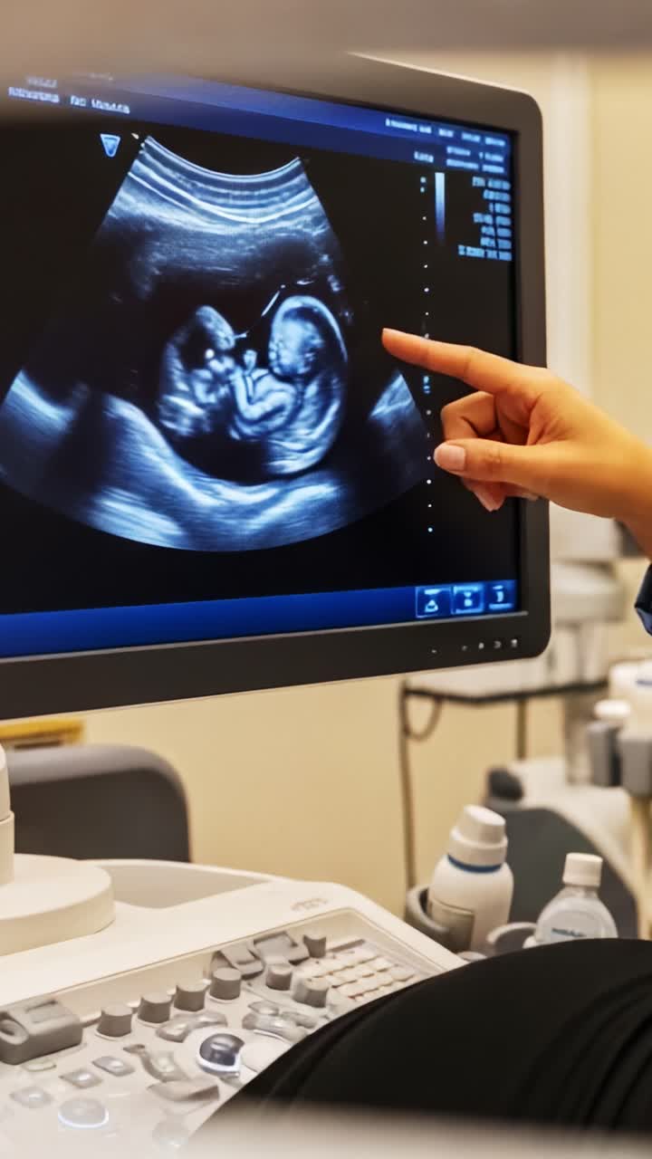 Una visualizzazione dettagliata di un'immagine ecografica che mostra lo sviluppo di un feto con un professionista sanitario che indica le caratteristiche principali in un ambiente clinico
