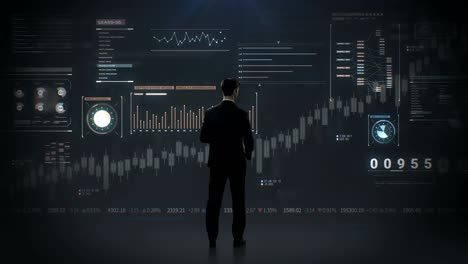 un hombre de negocios analizando gráficos económicos animados del mercado bursátil global y gráficos financieros. animación en 4k.