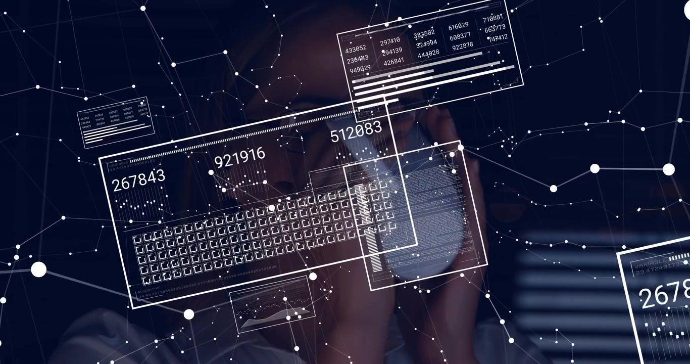 Mid adult woman sipping mug desk while data overlay drawing in and updating business metrics