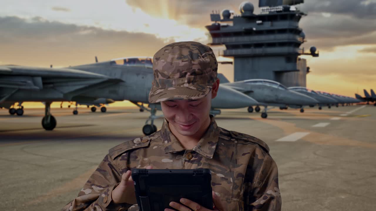 Military Personnel on Aircraft Carrier Deck with Tablet