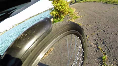 view of the front wheel of the bicycle, walking along the lake in park.