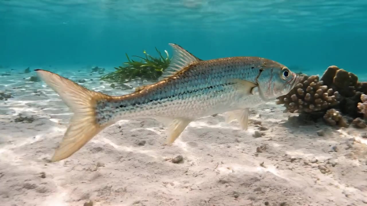 Uno straordinario incontro subacqueo con un pesce aggraziato che scivola attraverso acque cristalline sopra un fondale sabbioso e una vibrante vita marina
