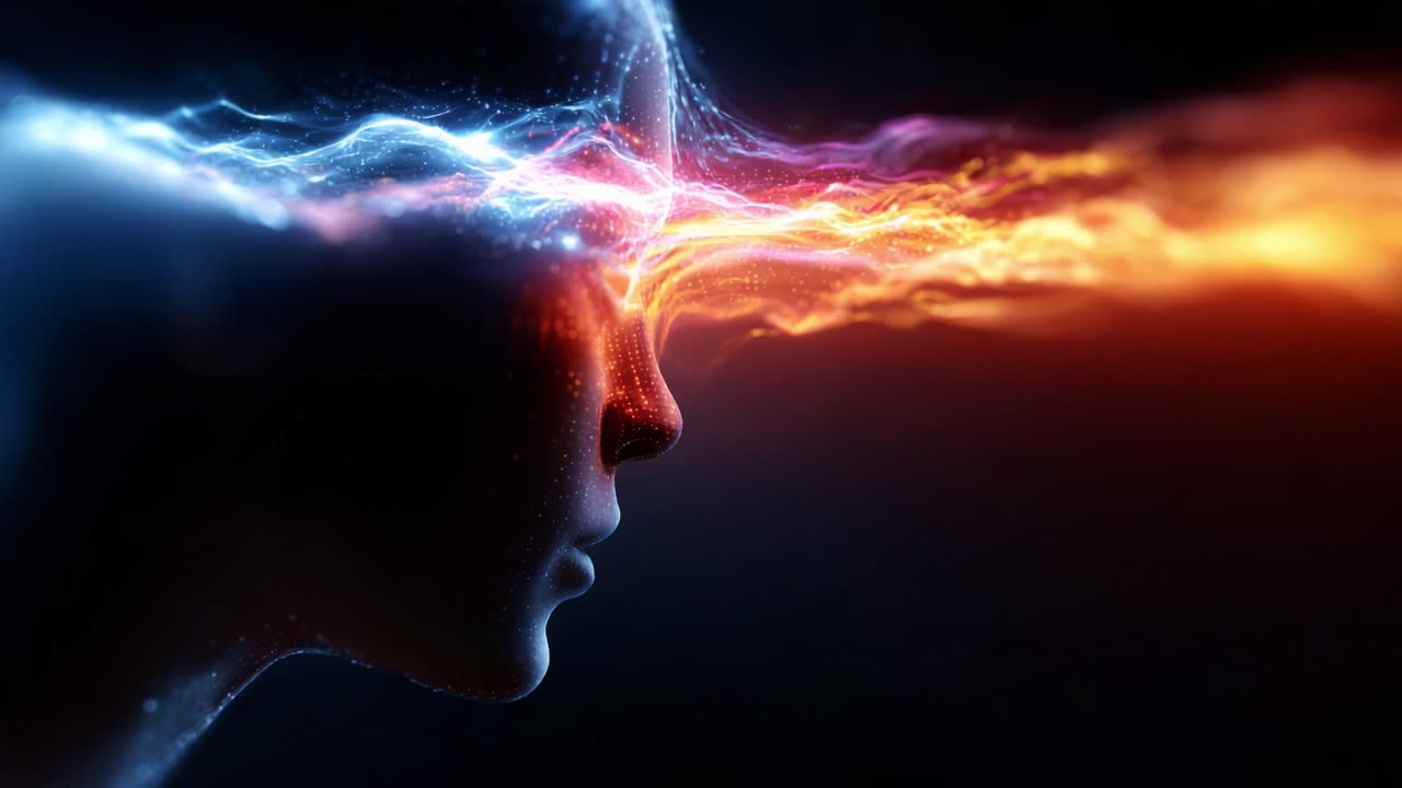 A mesmerizing visual portrayal of a human silhouette with vibrant energy streams depicting connections between thoughts, emotion, and the universe, in a captivating art rendering