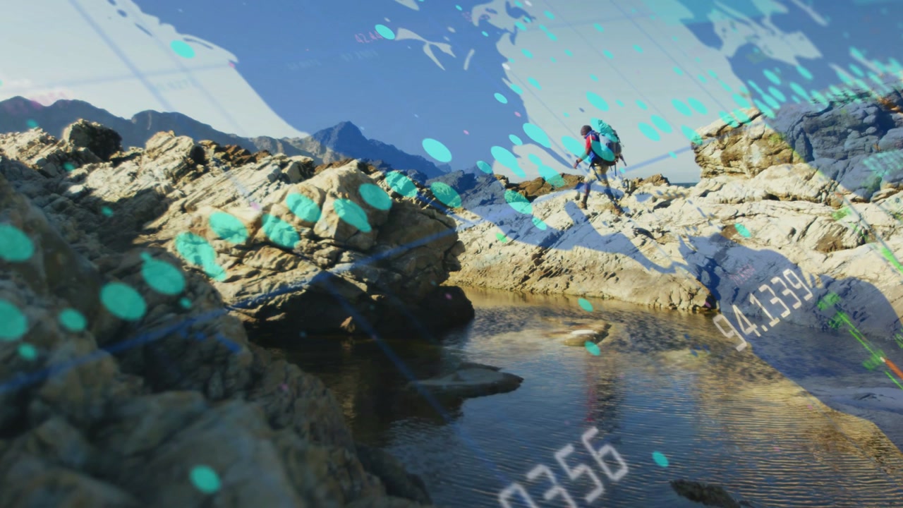 Hiker in Rocky Mountains with Digital Data and Global Map Overlay