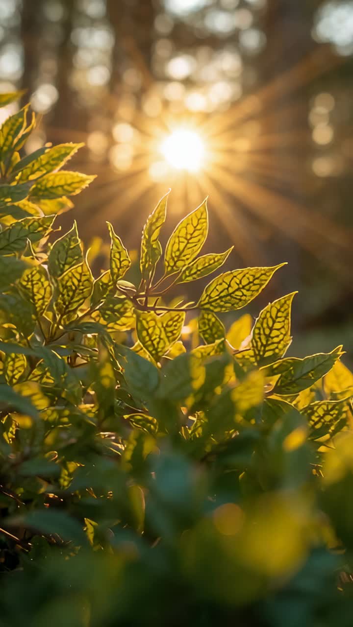 Vertical video: Brightening low sun causing cluster of leaves shifting into glowing veins in forest