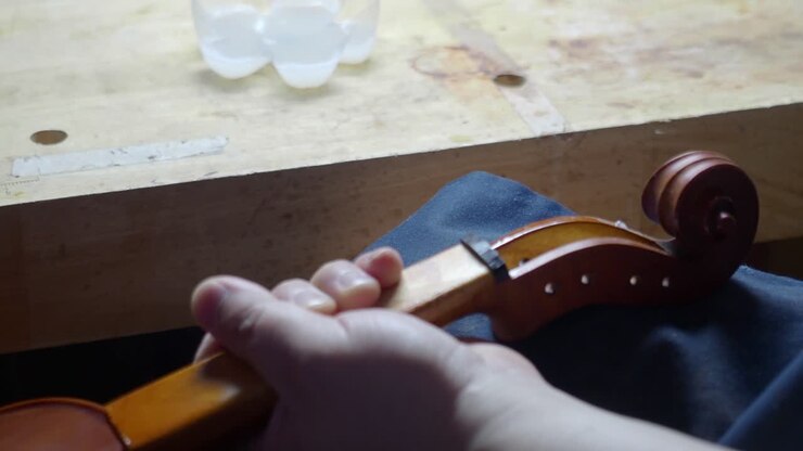 maestro artigiano luthier fabbricante di violini antico violino ricciolo e scatola di peg con stoffa e acido olio caustico su nuovo strumento a corda per riprodurre il capolavoro originale angoscia